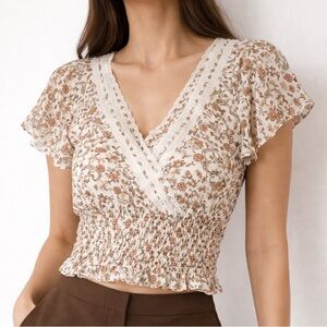 Self Esteem Brown and Gold Flutter Sleeve Blouse